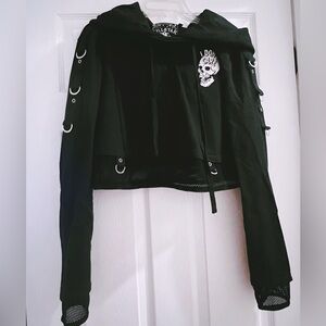 Killstar Punk Goth D-ring Fishnet Black Cropped Hoodie w Skull Design
